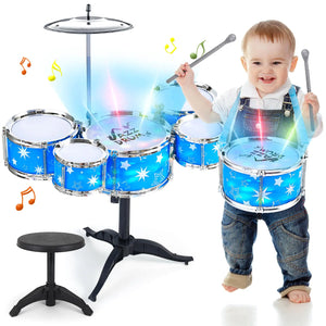 Kids Drum Set for Toddlers w/ Light (All Plastic) Musical Gifts Toys for Boys Girls Drum Kit Musical Instrument for Beginner Music Practice Christmas Birthday Gift Kids