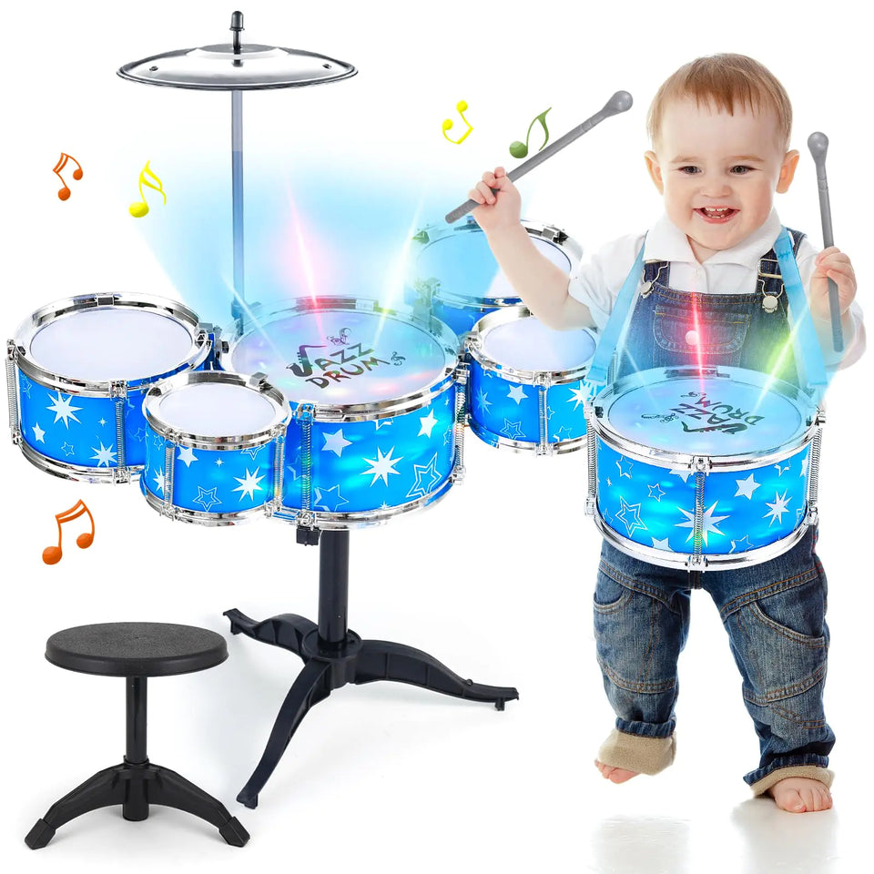 Kids Drum Set for Toddlers w/ Light (All Plastic) Musical Gifts Toys for Boys Girls Drum Kit Musical Instrument for Beginner Music Practice Christmas Birthday Gift Kids