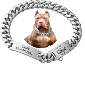 15mm Stainless Steel Cuban Chain Dog Collar Waterproof Adjustable Pet Necklace Custom Lettering ID Card with Dog Name Anti-lost