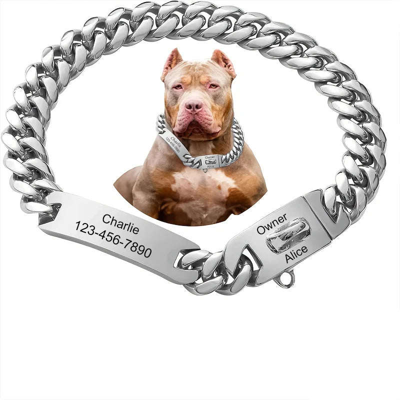 15mm Stainless Steel Cuban Chain Dog Collar Waterproof Adjustable Pet Necklace Custom Lettering ID Card with Dog Name Anti-lost