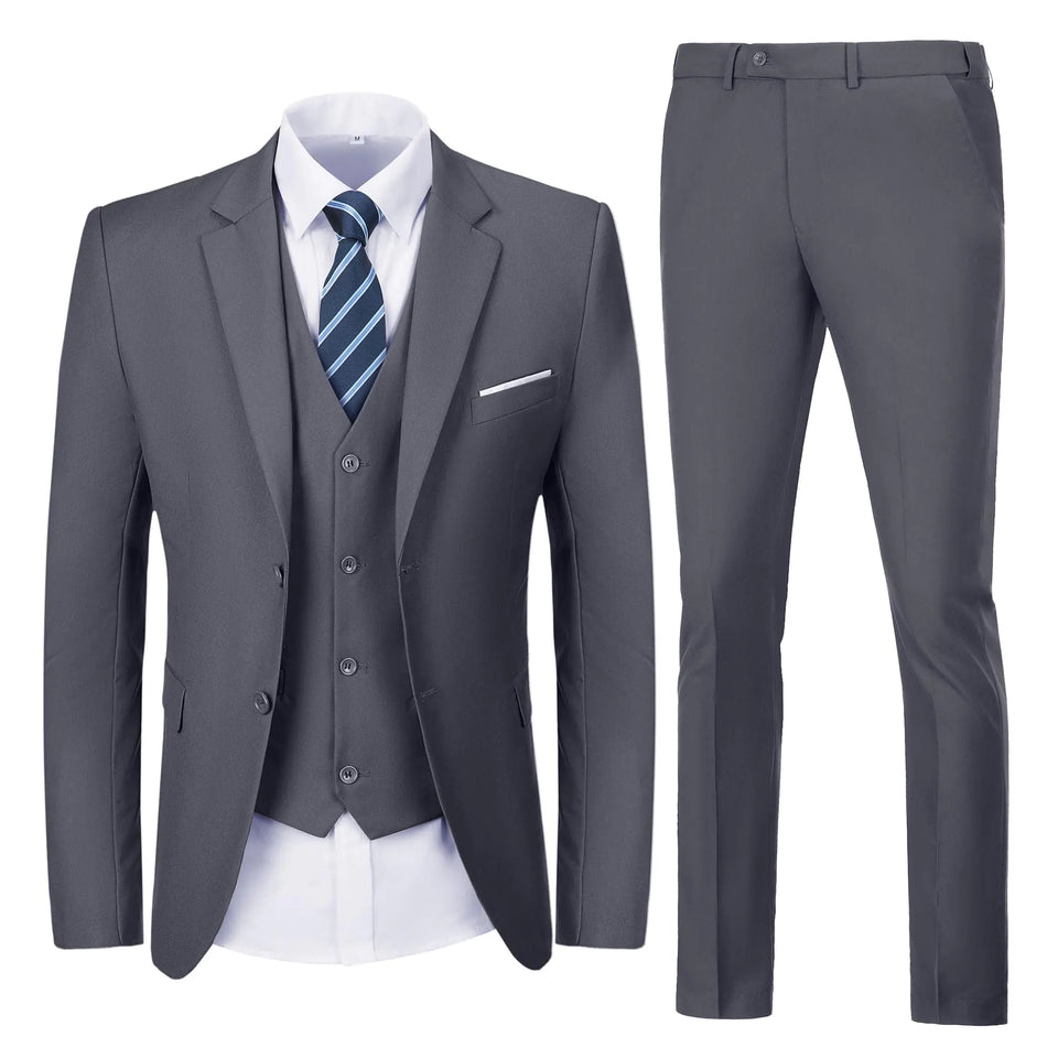Men Suits Slim Fit 3 Piece Suit Set Dark Grey Suits for Men Solid Suit Jacket Vest Pants Business Prom Suit Tuxedos S