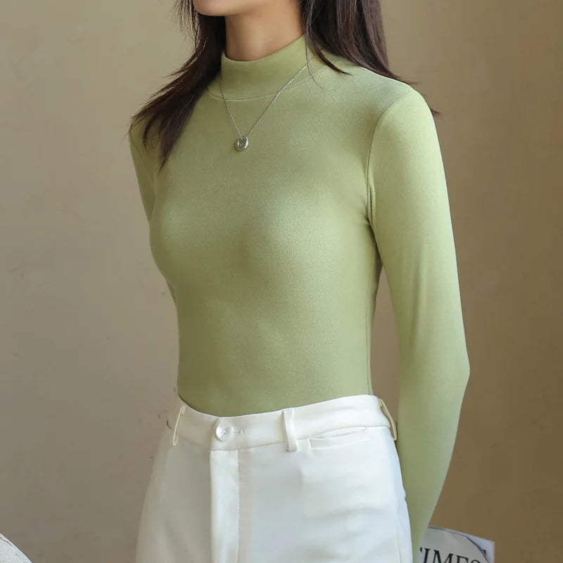 Women's T-shirts Velvet Long Sleeve High Strecth Slim Fit Bottoming Shirts Casual Turtleneck Autumn Winter Warm Inner Knit Shirt