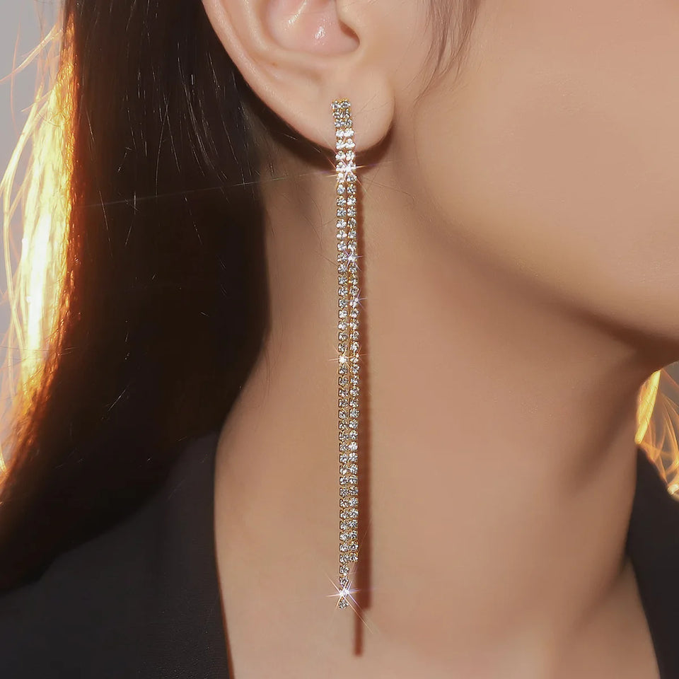 TREAZY Simple Shiny Crystal Tassels Long Drop Earrings Ladies Wedding Party Rhinestones Hanging Dangle Earring for Women Brincos