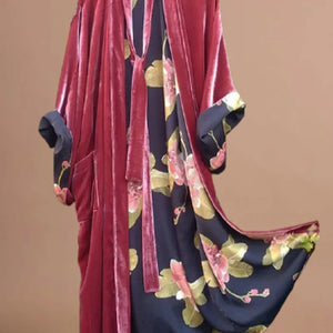 Korean Velvet Large Size Digital Flower Print Dress with Long Sash Sleepwear One Shoulder Polyester Fiber Mini Midi Dress