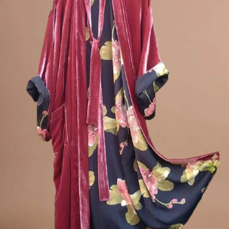 Korean Velvet Large Size Digital Flower Print Dress with Long Sash Sleepwear One Shoulder Polyester Fiber Mini Midi Dress