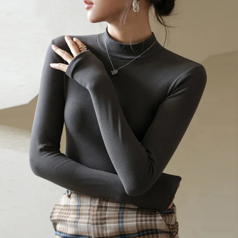 Women's T-shirts Velvet Long Sleeve High Strecth Slim Fit Bottoming Shirts Casual Turtleneck Autumn Winter Warm Inner Knit Shirt