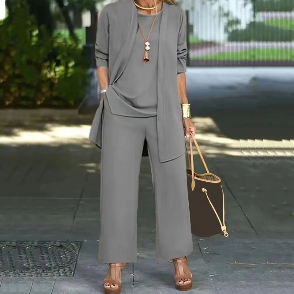 Women Clothes Stylish Women's 3-piece Pantsuit Set with Long Sleeve Cardigan O Neck Vest Wide Leg Trousers Fall Spring Outfit