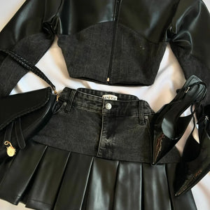 Y2K Gothic Leather Patchwork Denim Patchwork Two Piece Womens Clothes Harajuku Gothic Jacket Short Denim Pleated Mini Skirts Set