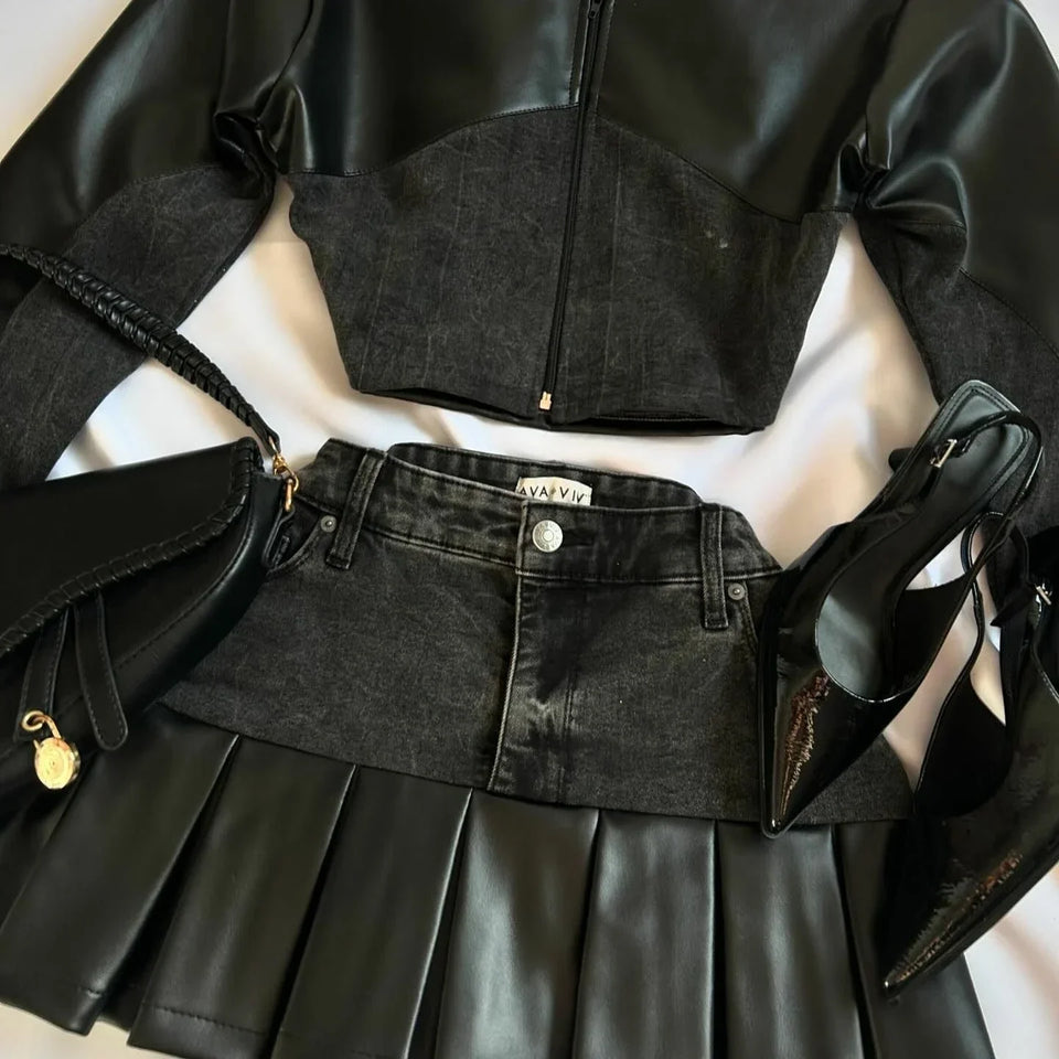 Y2K Gothic Leather Patchwork Denim Patchwork Two Piece Womens Clothes Harajuku Gothic Jacket Short Denim Pleated Mini Skirts Set