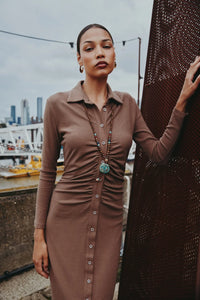 AS AW25 woman dress turn-down collar ribbing high elastic shirring maxi dress