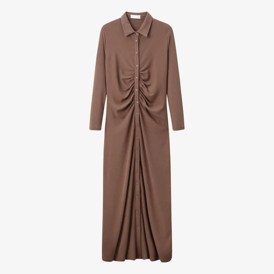 AS AW25 woman dress turn-down collar ribbing high elastic shirring maxi dress