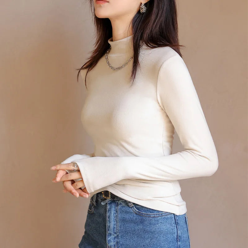 Women's T-shirts Velvet Long Sleeve High Strecth Slim Fit Bottoming Shirts Casual Turtleneck Autumn Winter Warm Inner Knit Shirt