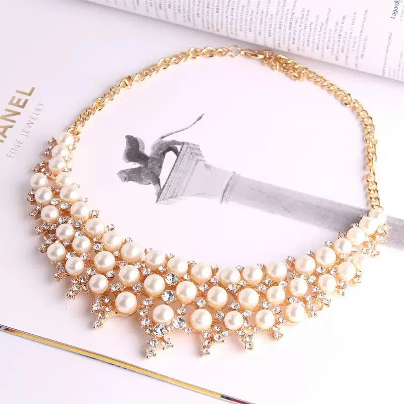 3 pieces of women's jewelry set, fashionable pearl necklace, earring set, collarbone necklace, bride's wedding jewelry