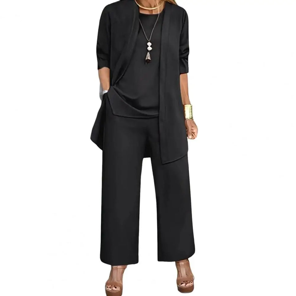 Women Clothes Stylish Women's 3-piece Pantsuit Set with Long Sleeve Cardigan O Neck Vest Wide Leg Trousers Fall Spring Outfit