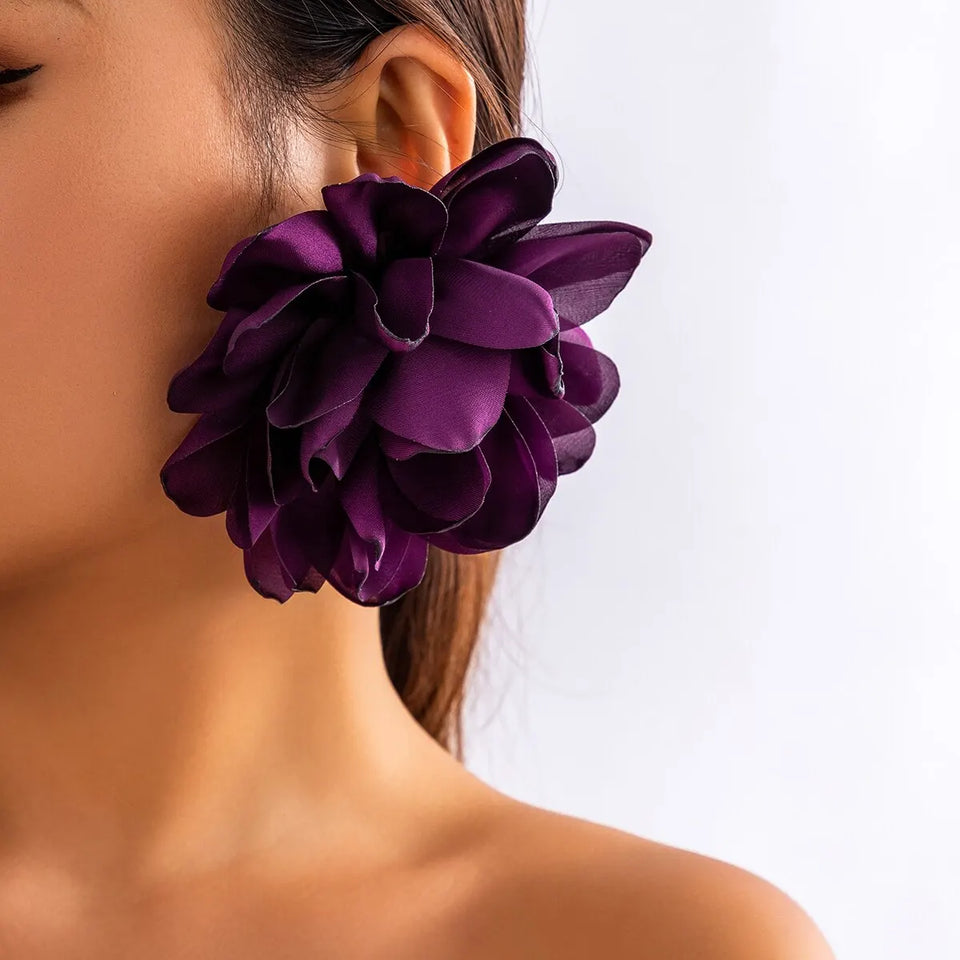 Bohemia Exaggerated Large Fluffy Fabric Flower Drop Earrings for Women Trendy Elegant Petal Y2K Jewelry Wed Accessories Gift
