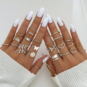 Classic Women Butterfly Ring Set Vintage Elegant Circle Pearl Gold Color Heart Jewelry Sets Gifts Geometry Fancy Ring for Ladies