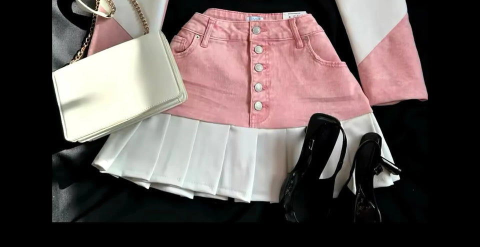 Y2K Gothic Leather Patchwork Denim Patchwork Two Piece Womens Clothes Harajuku Gothic Jacket Short Denim Pleated Mini Skirts Set