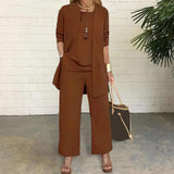 Women Clothes Stylish Women's 3-piece Pantsuit Set with Long Sleeve Cardigan O Neck Vest Wide Leg Trousers Fall Spring Outfit