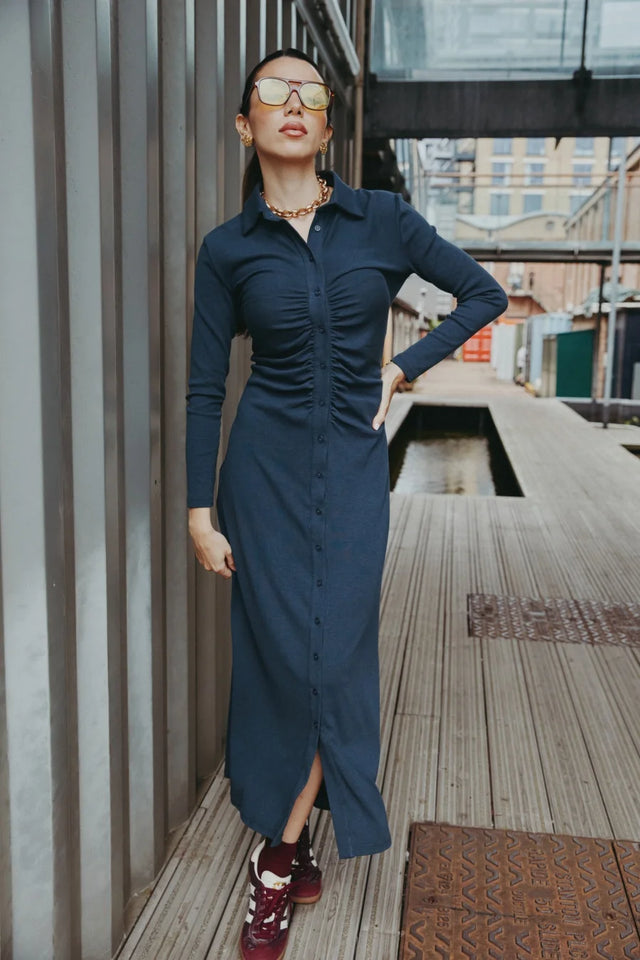 AS AW25 woman dress turn-down collar ribbing high elastic shirring maxi dress