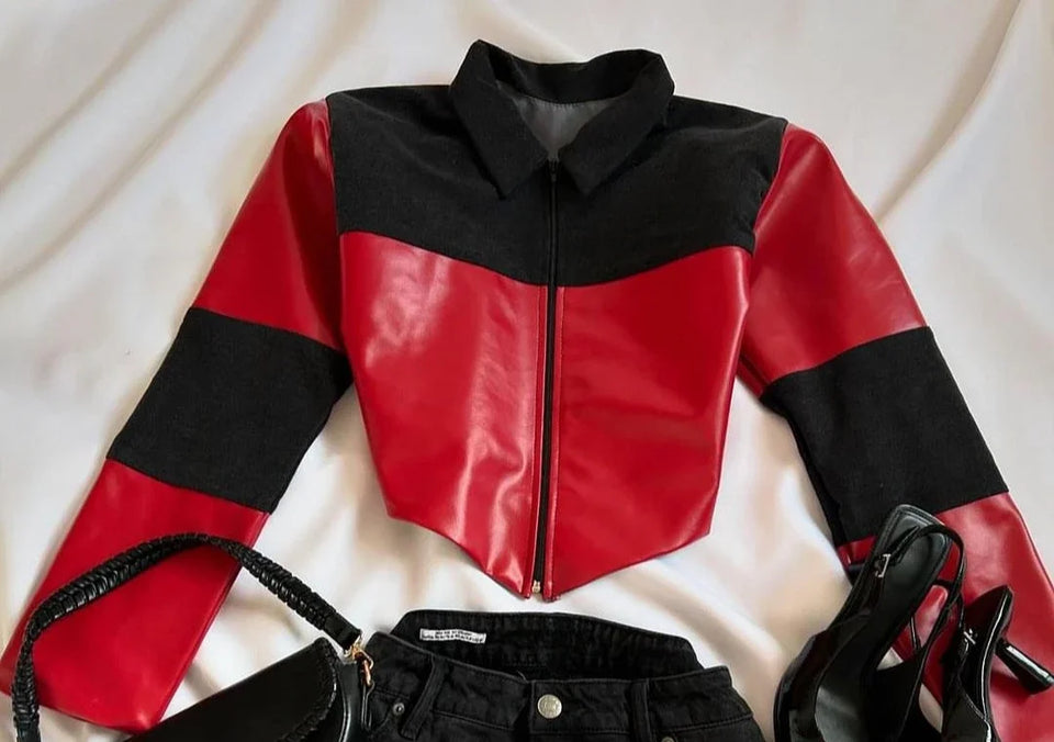 Y2K Gothic Leather Patchwork Denim Patchwork Two Piece Womens Clothes Harajuku Gothic Jacket Short Denim Pleated Mini Skirts Set