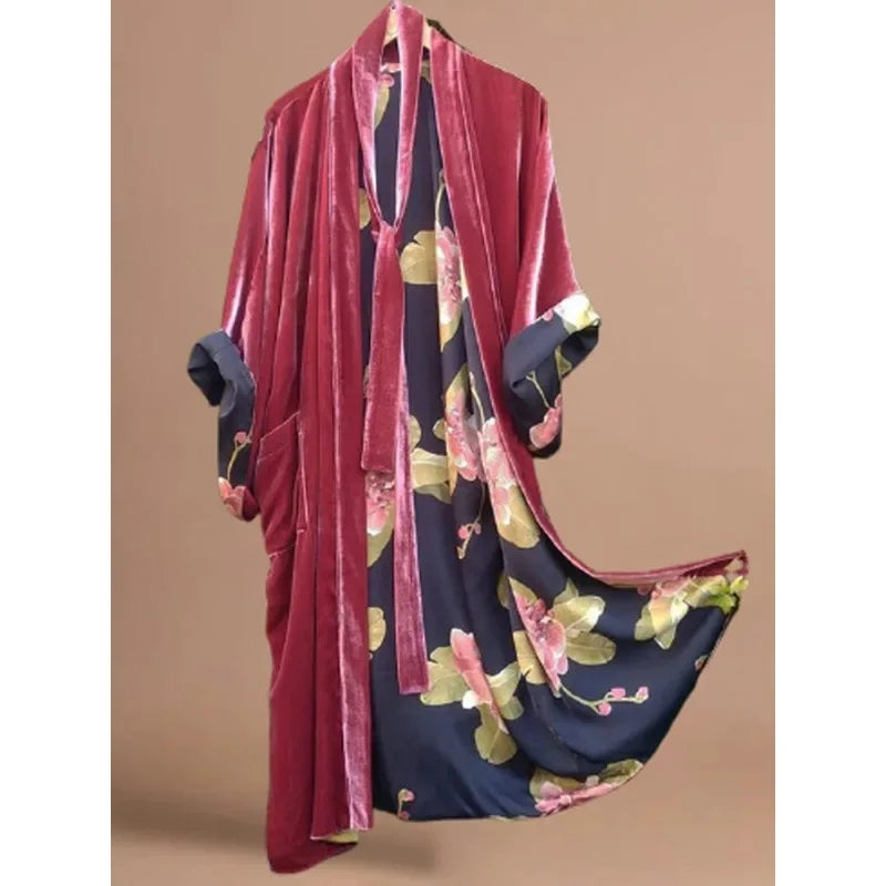 Korean Velvet Large Size Digital Flower Print Dress with Long Sash Sleepwear One Shoulder Polyester Fiber Mini Midi Dress