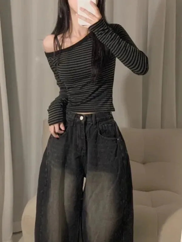 Slim Fit Striped Long Sve T-irt Women's Korean Sle Base Layer irt ort Model Inner Wear Top for Autumn 2025