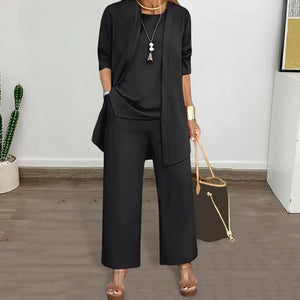 Women Clothes Stylish Women's 3-piece Pantsuit Set with Long Sleeve Cardigan O Neck Vest Wide Leg Trousers Fall Spring Outfit