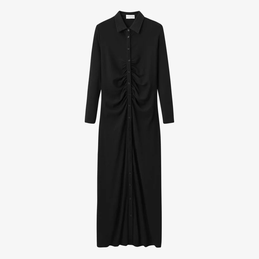 AS AW25 woman dress turn-down collar ribbing high elastic shirring maxi dress