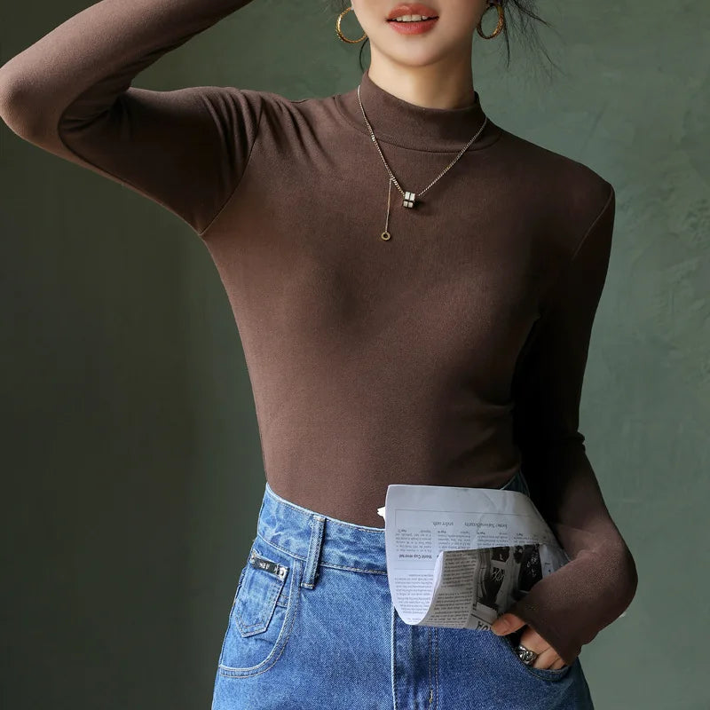 Women's T-shirts Velvet Long Sleeve High Strecth Slim Fit Bottoming Shirts Casual Turtleneck Autumn Winter Warm Inner Knit Shirt
