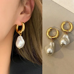 New Vintage Circle Drop Earrings Baroque Pearl Earrings Gold Color Round Earclip Women Temperament Elegant Jewelry Party Gifts