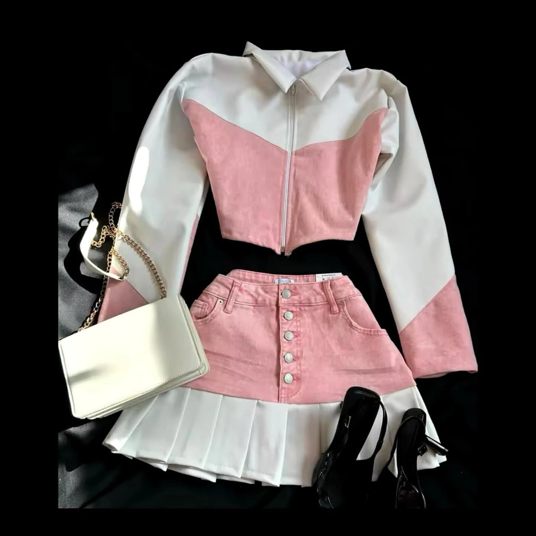 Y2K Gothic Leather Patchwork Denim Patchwork Two Piece Womens Clothes Harajuku Gothic Jacket Short Denim Pleated Mini Skirts Set