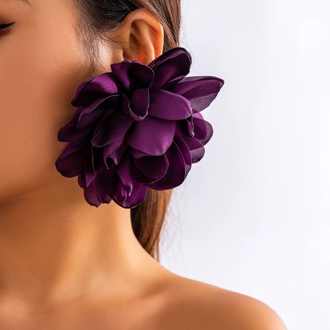 Bohemia Exaggerated Large Fluffy Fabric Flower Drop Earrings for Women Trendy Elegant Petal Y2K Jewelry Wed Accessories Gift