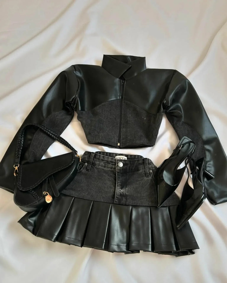 Y2K Gothic Leather Patchwork Denim Patchwork Two Piece Womens Clothes Harajuku Gothic Jacket Short Denim Pleated Mini Skirts Set