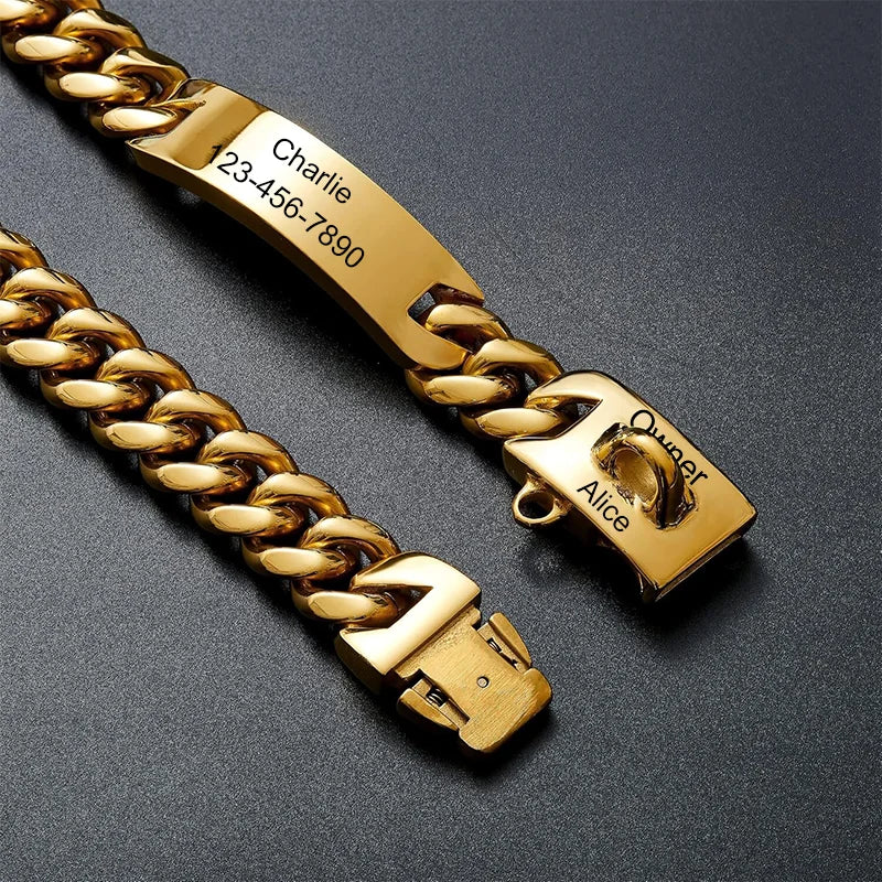 15mm Stainless Steel Cuban Chain Dog Collar Waterproof Adjustable Pet Necklace Custom Lettering ID Card with Dog Name Anti-lost