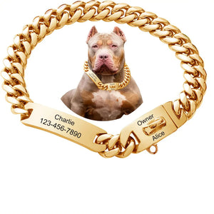 15mm Stainless Steel Cuban Chain Dog Collar Waterproof Adjustable Pet Necklace Custom Lettering ID Card with Dog Name Anti-lost