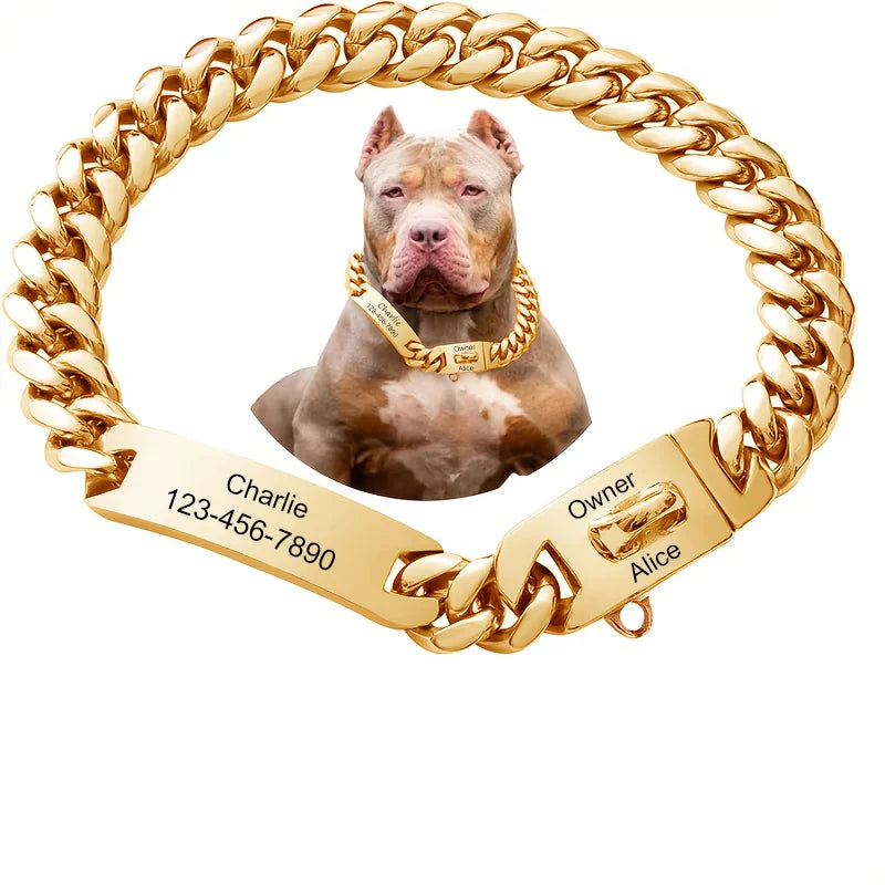 15mm Stainless Steel Cuban Chain Dog Collar Waterproof Adjustable Pet Necklace Custom Lettering ID Card with Dog Name Anti-lost